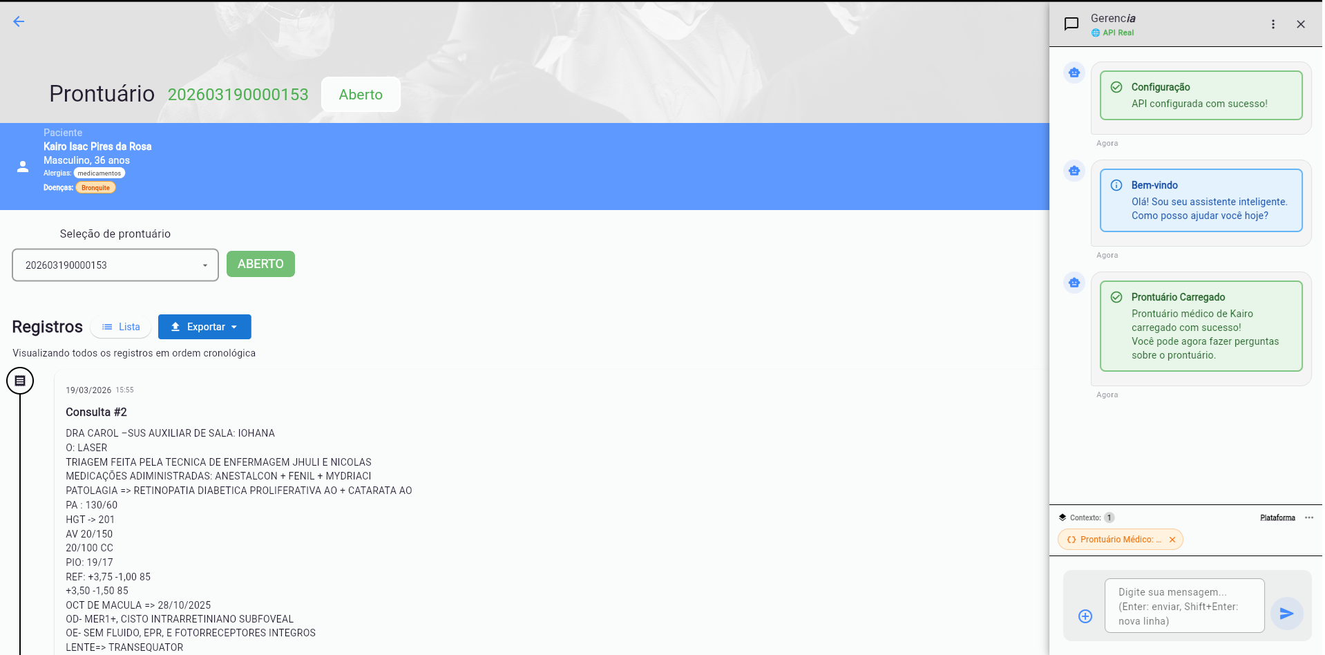 Tela do prontuário eletrônico C8X